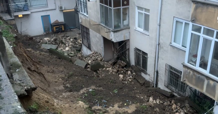 Edirne'de sağanak yağış nedeniyle bir apartmanın istinat duvarı çöktü